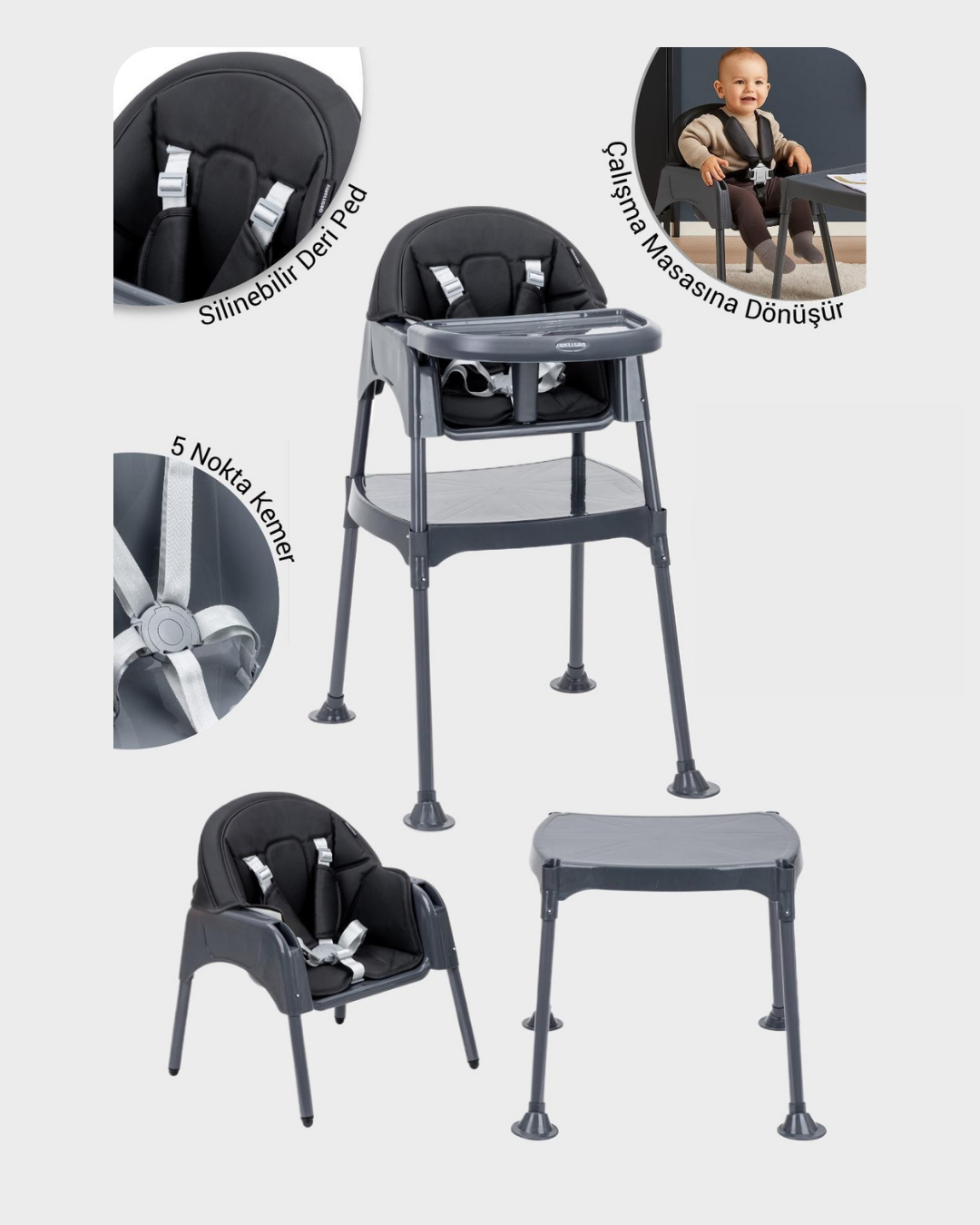 Dönüşebilen Mama Sandalyesi | Siyah