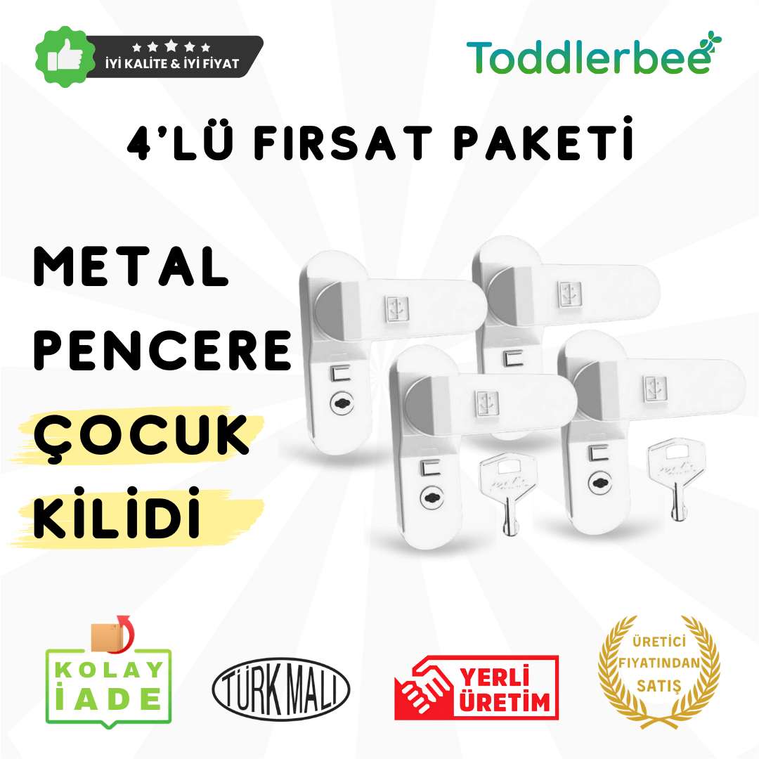 4 Adet Çocuk Bebek Metal Pencere Güvenlik Kilidi Anahtarsız Kullanım