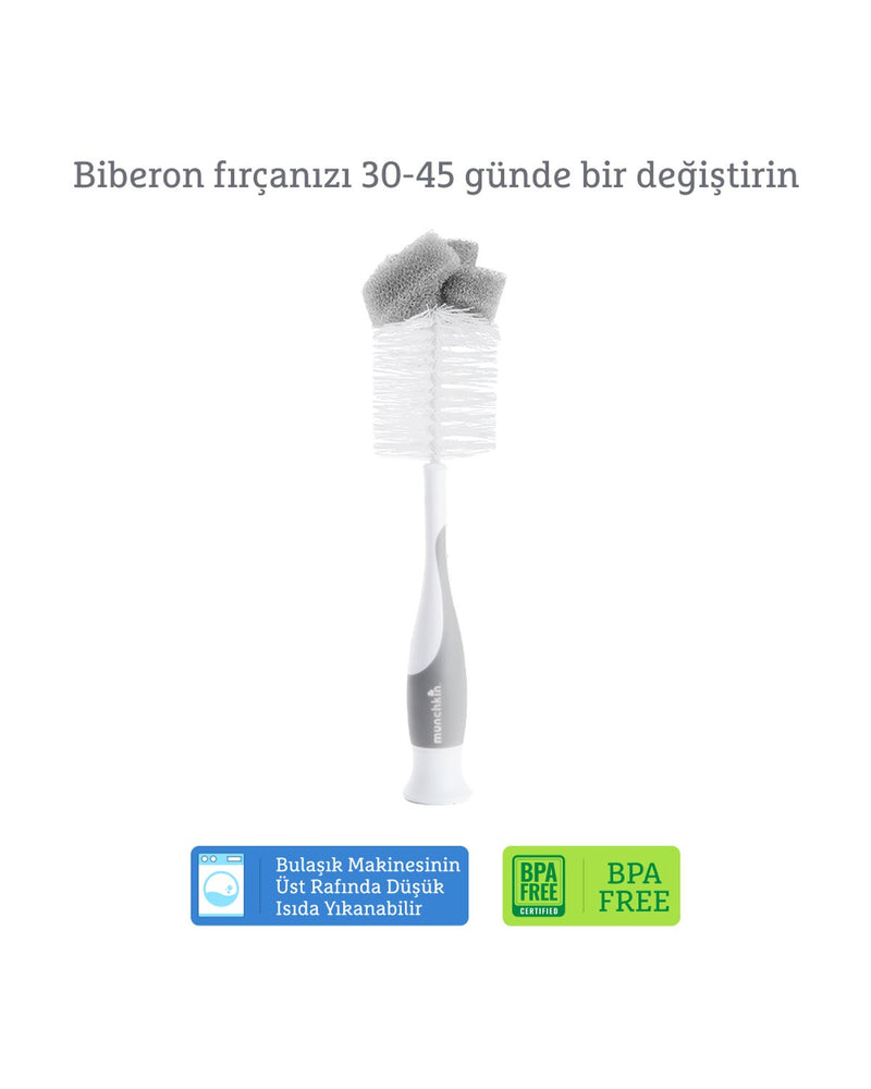 Munchkin Bristle Sünger Uçlu Biberon, Bardak ve Şişe Temizleme Fırçası | 1 Adet | Vakumlu Taban | Gri