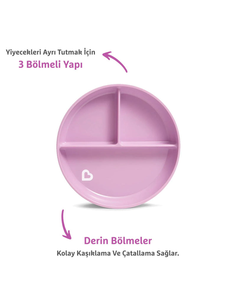 Munchkin Sabit Vakumlu Beslenme Tabağı | 6 Ay+, 3 Bölmeli, BPA İçermez, Mor – 1 Adet