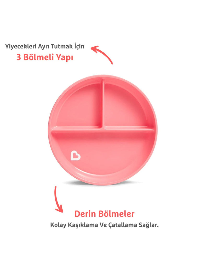 Munchkin Sabit Vakumlu Beslenme Tabağı | 6 Ay+, 3 Bölmeli, BPA İçermez, Pembe– 1 Adet