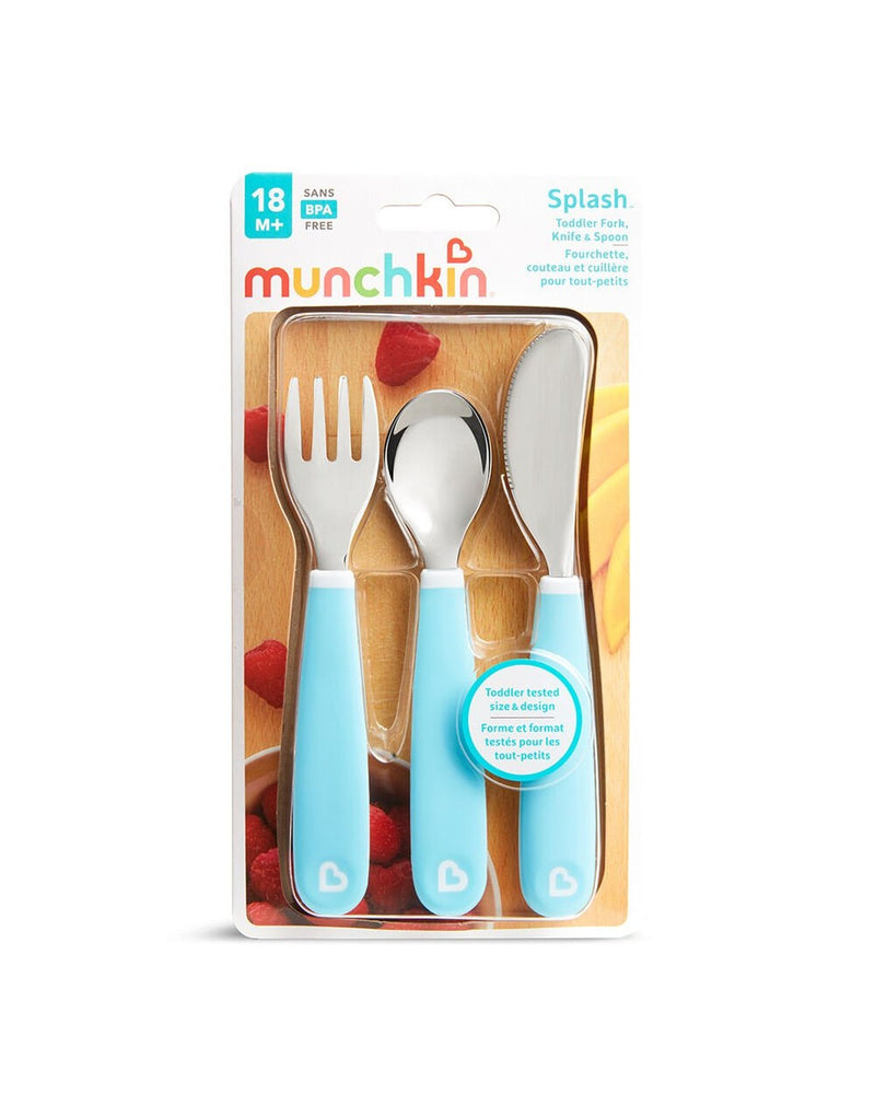 Munchkin 3’lü Sıçramayı Önleyici Çocuk Çatal, Kaşık, Bıçak Seti | Mavi 18 Ay+ | BPA İçermez