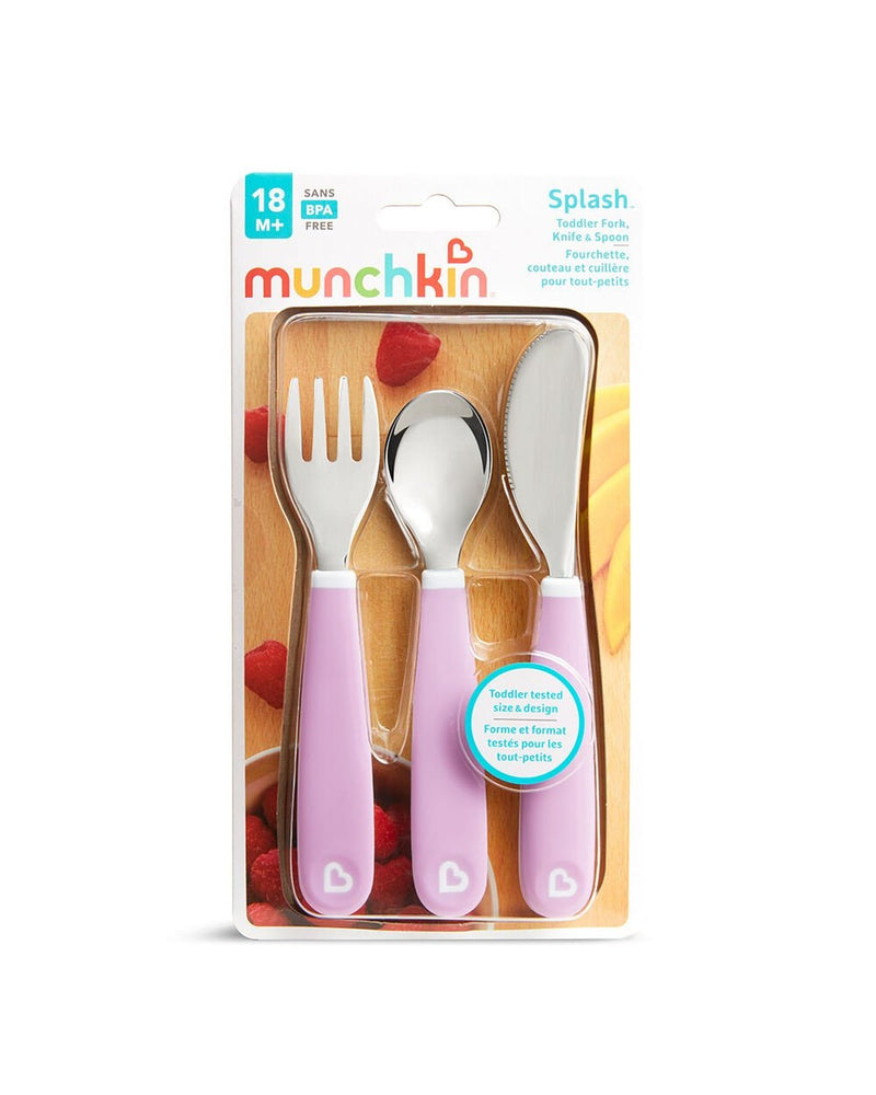 Munchkin 3’lü Sıçramayı Önleyici Çocuk Çatal, Kaşık, Bıçak Seti | Mor| 18 Ay+ | BPA İçermez