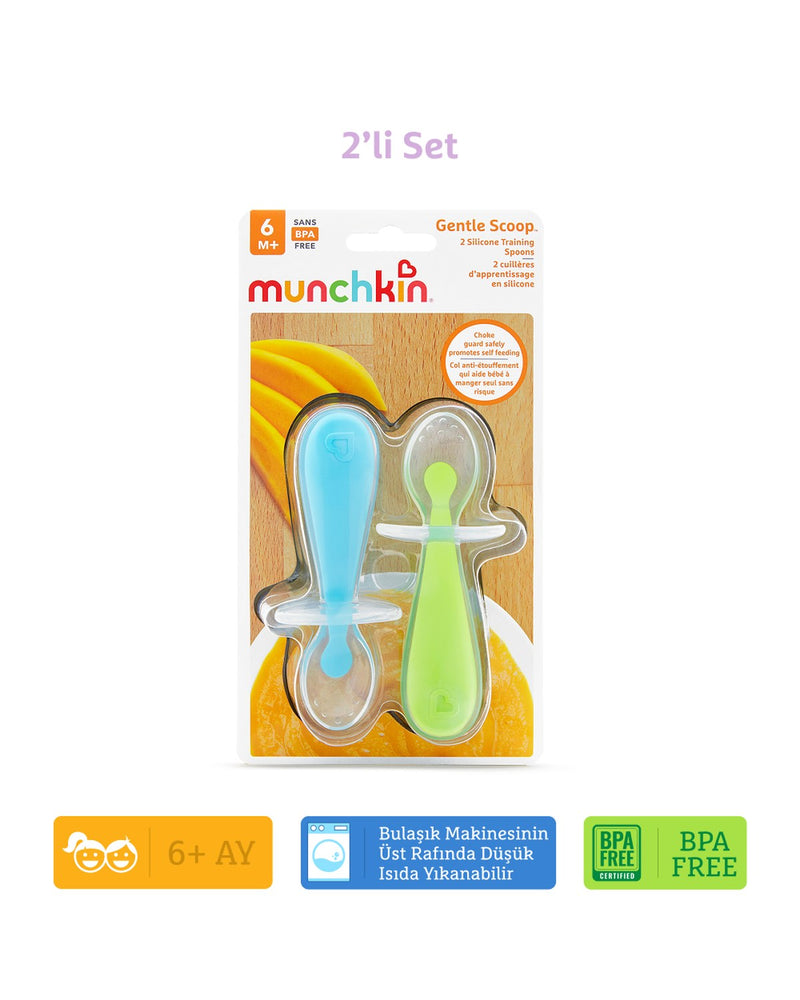 Munchkin Yumuşak Uçlu Alıştırma Kaşıkları – 6 Ay+, 2’li Set, Mavi/Yeşil, BPA İçermez, Masaya Değmeyen Özel Tasarım