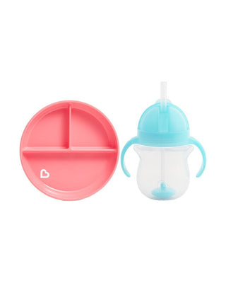 Sabit Vakumlu Beslenme Tabağı &Tıklama Uçlu Pipetli Alıştırma Bardağı 6AY+ PEMBE&MAVİ 2'li Paket