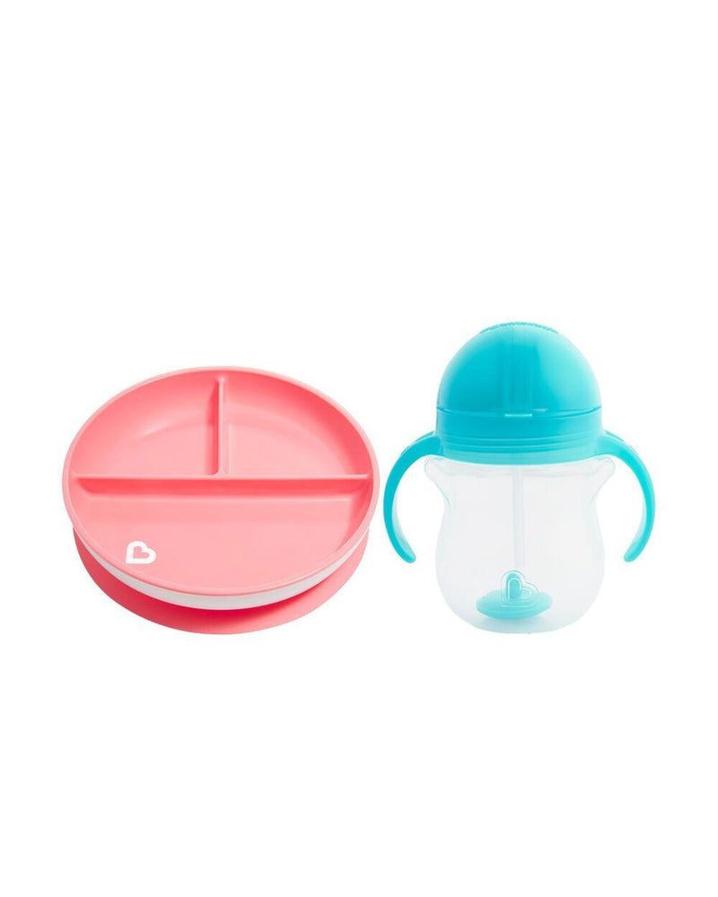 Sabit Vakumlu Beslenme Tabağı &Tıklama Uçlu Pipetli Alıştırma Bardağı 6AY+ PEMBE&MAVİ 2'li Paket