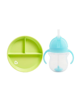 Sabit Vakumlu Beslenme Tabağı &Tıklama Uçlu Pipetli Alıştırma Bardağı 6AY+ YEŞİL&MAVİ 2'li Paket