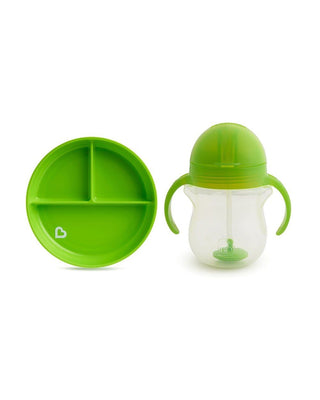 Sabit Vakumlu Beslenme Tabağı &Tıklama Uçlu Pipetli Alıştırma Bardağı 6AY+ YEŞİL&YEŞİL 2'li Paket